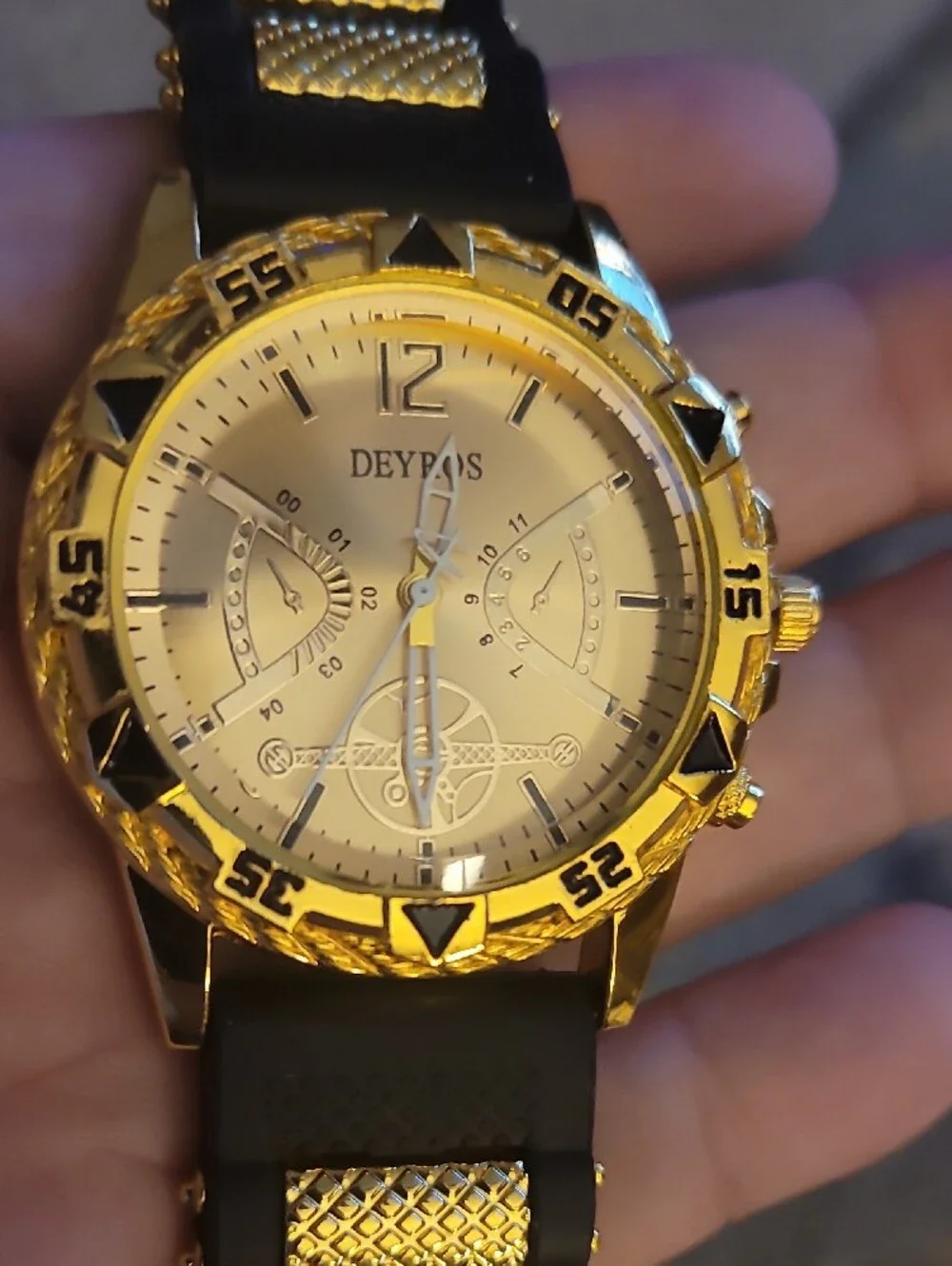 Deyros Gold-Tone Sport Watch with Black Strap